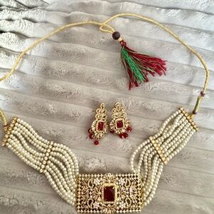 Elegant Gold and Red Pearl Choker Set